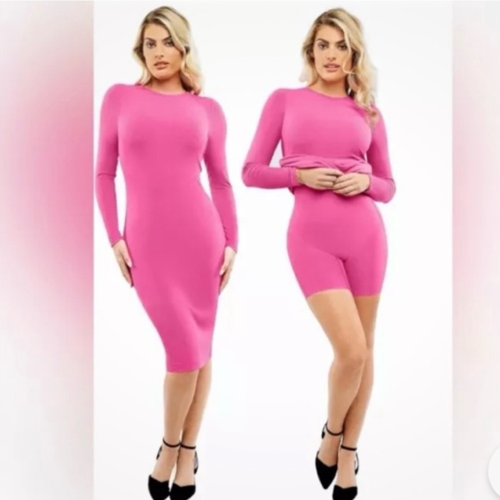 NEW Popilush Shapewear Long Sleeve Crew Neck Slimming Midi Dress Pink Size Large
